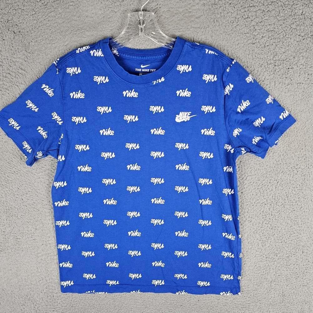 Nike Tee Shirt Mens Medium Blue All Over Swoosh Logo Print Crew Neck DA0514-480